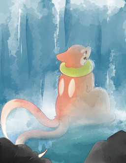 2_tails circle_eyebrows contemplative dipstick_tail eyebrows feral flotation_device fog fur looking_away male markings multi_tail orange_body orange_fur rear_view rock sitting solo spots tail tail_markings tan_body tan_fur water waterfall ebbandfloatzel nintendo pokemon oto_(ebbandfloatzel) buizel generation_4_pokemon mammal mustelid musteline pokemon_(species) true_musteline weasel absurd_res english_description hi_res painting_(artwork) portrait story story_in_description watercolor_(artwork)