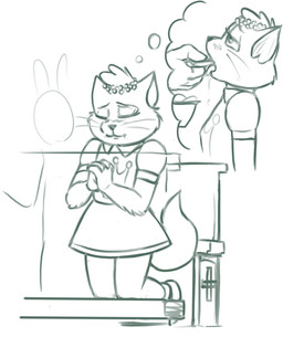 anthro blush bodily_fluids church clothing dress duo female fur open_mouth praying saliva simple_background tongue white_background young young_anthro redout the_kingdom_chums essie_(kingdom_chums) domestic_cat felid feline felis mammal 2019 digital_drawing_(artwork) digital_media_(artwork) monochrome