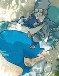 ambiguous_gender anthro blue_body blue_hair blush blush_lines duo eyelashes eyes_closed feral gem hair happy hug on_sand open_mouth pearl_(gem) split_form starfish_(accessory) tongue white_body sstoh nintendo pokemon asterozoan echinoderm generation_7_pokemon marine merfolk pokemon_(species) popplio primarina starfish 2024 hi_res