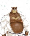 anthro asian_clothing belly belt big_belly biped black_belt black_eyebrows black_eyes black_nose brown_belly brown_body brown_fur brown_tail chest_markings clothed clothing east_asian_clothing eyebrows front_view frown fur japanese_clothing looking_away male markings multicolored_body multicolored_fur muscular muscular_anthro muscular_male nipples overweight overweight_anthro overweight_male pecs pink_nipples simple_background solo standing tail tan_body tan_fur tan_markings two_tone_body two_tone_fur white_background white_clothing itsdhani morenatsu juuichi_mikazuki bear mammal 2014 digital_drawing_(artwork) digital_media_(artwork) half-length_portrait hi_res portrait signature