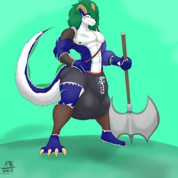anthro axe big_bulge bulge clothed clothing hair horn huge_bulge hyper hyper_bulge male melee_weapon muscular muscular_anthro muscular_male pecs scar smile solo standing tail weapon wide_hips pillowymounds mythology canid canine dragon hybrid mammal mythological_creature mythological_scalie scalie 1:1