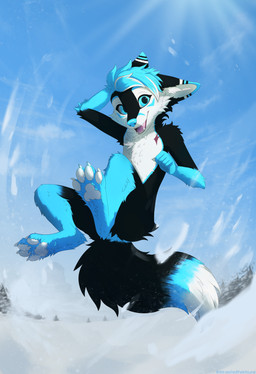 anthro biped blue_eyes blue_hands blue_markings blue_nose claws detailed_background digitigrade dipstick_tail fur looking_at_viewer male male_anthro markings midair multicolored_body multicolored_fur nude_anthro nude_male open_mouth pawpads pink_tongue pupils scar snow solo tail tail_markings teeth three-quarter_view tongue white_body white_claws white_pawpads white_tail_tip winter red_the_kitsune hoshyro canid canine fox mammal 2025 absurd_res digital_media_(artwork) full-length_portrait hi_res portrait shaded watermark