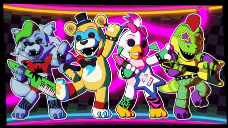 3_toes accessory anthro arm_warmers armwear bass_guitar beak belt blue_claws bottomwear bow_ribbon bow_tie bracelet claws clothing ear_piercing ear_ring electric_guitar eyewear fangs feet female fingerless_gloves gesture glasses gloves green_bottomwear green_claws green_clothing green_fingerless_gloves green_gloves green_handwear green_pants group guitar hair hair_accessory hair_bow hair_ribbon handwear hat headgear headwear holding_guitar holding_keytar holding_musical_instrument holding_object jewelry keyboard_instrument keytar leg_warmers legwear long_hair looking_at_viewer male midriff mohawk musical_instrument open_mouth open_smile pants pattern_arm_warmers pattern_armwear pattern_bottomwear pattern_clothing pattern_leg_warmers pattern_legwear pattern_pants pawpads piercing pink_clothing pink_shirt pink_topwear plucked_string_instrument plushie purple_claws purple_clothing purple_fingerless_gloves purple_gloves purple_handwear red_bottomwear red_clothing red_hair red_pants red_shirt red_topwear ribbons ring_piercing sharp_teeth shirt smile smiling_at_viewer spots spotted_bottomwear spotted_clothing spotted_pants star_glasses string_instrument striped_arm_warmers striped_armwear striped_clothing striped_leg_warmers striped_legwear stripes tail teeth toes top_hat topwear waving waving_at_viewer wearing_glasses cryptiacurves cryptiacurves_(modeler) five_nights_at_freddy's five_nights_at_freddy's:_security_breach scottgames steel_wool_studios glamrock_chica glamrock_freddy montgomery_gator roxanne_wolf animate_inanimate avian bear bird canid canine canis chicken crocodile crocodilian galliform living_plushie mammal phasianid reptile scalie wolf 16:9 2024 3d_(artwork) 4k absurd_res cel_shading digital_media_(artwork) full-length_portrait hi_res portrait shaded widescreen