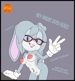 anthro areola bedroom_eyes breasts buckteeth clothing dialogue eyewear female fur genitals gesture glasses gloves hair hand_gesture handwear impregnation_request looking_at_viewer narrowed_eyes navel navel_piercing nipples nude piercing pubes requesting seductive sex_request simple_background smile solo tail talking_to_viewer teeth text v_sign vulva wearing_glasses zeta_r-02 sega sonic_the_hedgehog_(series) fan_character leche_the_rabbit_(zeta_r-02) lagomorph leporid mammal rabbit digital_media_(artwork) english_text hi_res