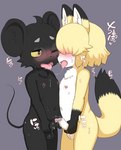 anthro balls bangs black_body black_fur blonde_hair blush bodily_fluids censored_genitalia censored_penis drooling duo embarrassed eyebrows eyewear eyewear_only femboy frottage fur genital_fluids genitals glasses glasses_only grey_background hair heart_eyes heart_symbol holding_own_penis kissing looking_at_another looking_at_partner male male/male navel nipple_piercing nipples nude nude_male obscured_eyes one_eye_closed one_eye_half-closed open_mouth penile piercing precum saliva saliva_string sex shota simple_background sloppy_kiss sweat tail text tongue tongue_out wearing_glasses young young_anthro young_male akaighoul canid canine fox mammal mouse murid murine rodent censored colored hi_res japanese_text