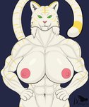 anthro big_breasts breasts female front_view fur grinning_at_viewer hands_on_hips huge_breasts looking_at_viewer muscular muscular_female nipples nude one_eye_closed pec_flexing solo standing stripes white_body white_fur wink winking_at_viewer yellow_stripes ixthyria mishar felid mammal pantherine tiger animated hi_res short_playtime