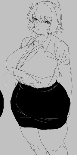 anthro big_breasts biped breasts clothed clothing expressionless eyebrows eyelashes female grey_background hair hands_behind_back huge_breasts looking_at_viewer mouth_closed simple_background snout solo standing work_clothes meckmeck00124 domestic_pig mammal suid suine sus_(pig) absurd_res hi_res monochrome