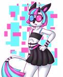 antennae_(anatomy) blush clothed clothing crop_top eyewear female glasses hand_on_hip shirt simple_background solo standing topwear breeoche floraverse neon_(floraverse) bovid caprine felid goat hybrid mammal pantherine scrapgoat tiger turf_tiger hi_res trans_(lore) trans_woman_(lore)