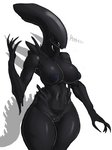 anthro big_breasts black_body black_tattoo breasts claws eyeless female genitals inverted_nipples logo navel nipples not_furry pubic_tattoo pussy simple_background solo spikes spikes_(anatomy) tattoo teeth thick_thighs artlegionary alien_(franchise) weyland_yutani alien xenomorph 2021