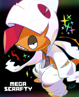 ambiguous_gender anthro black_background half-closed_eyes hand_in_pocket looking_at_viewer narrowed_eyes orange_body orange_scales pockets scales serious simple_background solo sparkles tail teeth nelnal nintendo pokemon pokemon_legends_z-a generation_9_pokemon mega_evolution mega_scrafty pokemon_(species) 2025 cel_shading digital_drawing_(artwork) digital_media_(artwork) english_description hi_res shaded signature