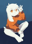 2024 3:4 3_toes 5_fingers anthro bottomless cave_story clothed clothing featureless_crotch feet fingers fist gesture hair hand_gesture happy hi_res lagomorph looking_at_viewer male mammal mimiga orange_clothing orange_eyes orange_sweater orange_topwear raised_arm seyerie sitting solo sweater sweater_only tail toes topwear topwear_only v_sign white_hair young young_anthro young_male