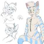 anthro blue_stripes fur green_eyes male solo stripes white_body white_fur zipper kwik_(artist) trepaura_(character) animate_inanimate felid living_clothing mammal pantherine tiger 1:1 digital_media_(artwork) hi_res sketch_page