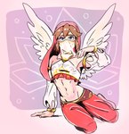 armwear brown_hair clothed clothing cosplay crossdressing crossover_cosplay feathered_wings feathers femboy gerudo_outfit hair light_body light_skin looking_at_viewer male not_furry solo veil wings soft_sizzle kid_icarus nintendo pit_(kid_icarus) angel humanoid winged_humanoid crossover