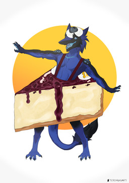 anthro black_body cake cake_costume clothed clothing dessert food food_costume fur hair looking_at_viewer male open_mouth simple_background smile solo tail tail_tuft tapering_tail teeth tongue tuft conditional_dnp teremunart sergal absurd_res hi_res