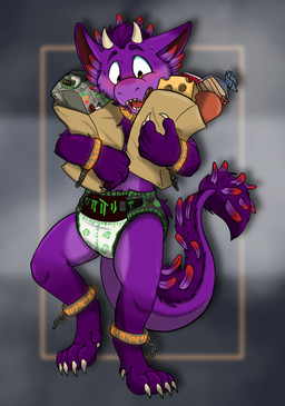 anthro blush bread cheese claws clean_diaper collar cuff_(restraint) dairy_products diaper diaper_package embarrassed feathers fluffy food fur groceries grocery_bag horn male mane meat paper_bag public public_exposure restraints runes runescript salami sausage solo surprised bippy_(artist) mythology weejay dragon feathered_dragon feathered_scalie furred_dragon furred_scalie mythological_creature mythological_scalie scalie hi_res