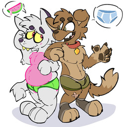 anthro bandage barefoot beverage blue_briefs blue_clothing blue_underwear blush boxer_briefs briefs briefs_only brown_body brown_fur brown_nose brown_pawpads claws clothed clothing collar dialogue duo eyebrows feet food footwear fruit fur green_boxer_briefs green_briefs green_clothing green_eyes green_underwear grey_clothing grey_footwear grey_socks grey_waistband juice_(beverage) male male/male melon pawpads pink_body pink_fur plant purple_body purple_fur purple_nose red_eyes shadow simple_background socks speech_bubble teeth teeth_showing thick_eyebrows toeless_footwear toeless_socks topless topless_anthro topless_male underwear underwear_only watermelon white_background white_body white_fur yellow_sclera yellow_teeth lunchgunk lunchgunk_(character) matt_riskely canid canine canis coyote domestic_dog mammal 1:1 hi_res pictographics