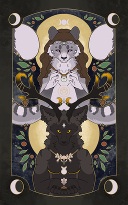 antlers black_body duo grey_body holding_object horn jewelry looking_at_viewer necklace purple_eyes toony yellow_eyes symrea deer_fox felid mammal pantherine snow_leopard 5:8 hi_res