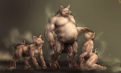 ambiguous_gender bodily_fluids corruption fumes genitals glistening group half-erect male male/ambiguous male/male nipples nude overweight penis pubes sweat transformation mot domestic_pig mammal suid suine sus_(pig) digital_media_(artwork) hi_res