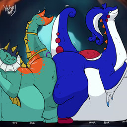 belly big_belly blue_arms blue_belly blue_body blue_eyes blue_legs blue_tail butt butt_squish duo female feral green_eyes male male/female overweight raised_tail red_spots saddle spots squish tail white_belly yauhasart mario_bros nintendo pokemon eeveelution generation_1_pokemon generation_6_pokemon goodra pokemon_(species) vaporeon yoshi 1:1 2024 hi_res watermark