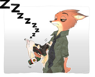 alcohol anthro beverage bodily_fluids bottle clothed clothing container drooling drunk duo ears_back holding_bottle holding_container holding_object larger_male male necktie pivoted_ears saliva simple_background size_difference sleeping smaller_male snoring substance_intoxication white_background komatsuko_(artist) disney zootopia finnick_(zootopia) nick_wilde canid canine fennec_fox fox mammal red_fox true_fox