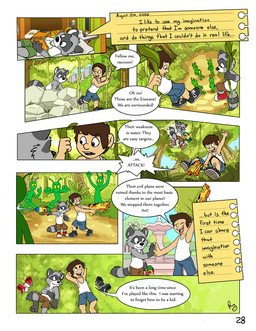 anthro bed bedroom bottomwear cheek_tuft clothed clothing detailed_background dialogue dipstick_tail duo eyewear facial_tuft feet_together footwear fountain fully_clothed furniture gaming gloves_(marking) imagination male markings note plant shoes shoes_removed speech_bubble tail tail_markings text toy toy_gun tree tuft water_gun pandapaco art_(pandapaco) ailurid alien human mammal procyonid raccoon comic english_text hi_res