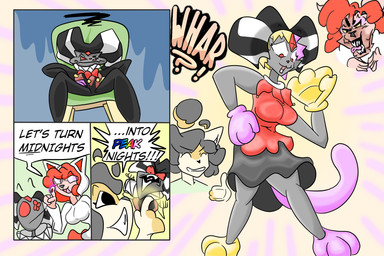 anthro dialogue duo female gender_transformation group grumpy humor male pun solo transformation trio word_art andetheslayer ande_(andetheslayer) felid feline humanoid mammal 3:2 comic hi_res