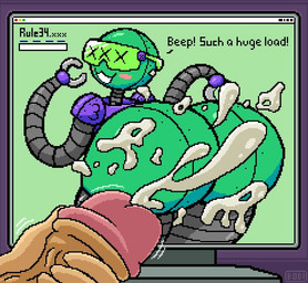ambiguous_gender big_butt blush bodily_fluids butt computer cum cum_on_screen duo electronics eyewear genital_fluids glasses green_body grey_arms grey_legs grey_neck huge_butt machine masturbation monitor pixelated rivets screen smile tan_body tan_skin text spicyredacted rule34.xxx human humanoid mammal robot robot_humanoid digital_media_(artwork) english_text pixel_(artwork)