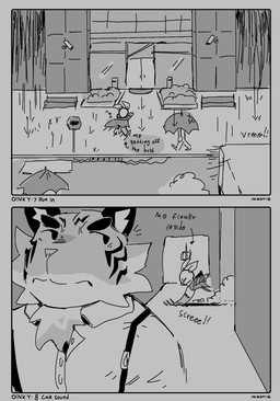 anthro building directional_arrow duo_focus female group male raining security security_camera suspenders text umbrella lilmoonie oinky_(lilmoonie) togi_(lilmoonie) domestic_pig felid mammal pantherine suid suine sus_(pig) tiger 2025 black_and_grey comic english_text hi_res monochrome