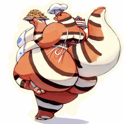 anthro apron apron_only back_fat belly big_belly big_breasts big_butt black_body breasts butt cake chef_hat clothing cookie dessert eyelashes feet female food hat headgear headwear holding_cake holding_cookie holding_food holding_object holding_platter huge_butt long_tail multicolored_body overweight overweight_anthro overweight_female red_body side_belly side_boob simple_background smile solo striped_body stripes tail thick_tail white_background white_body hyploom colubrid kingsnake lampropeltini milk_snake reptile scalie snake 2025 hi_res