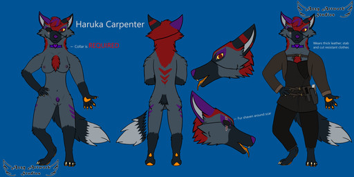 anthro black_ears black_markings breasts chest_tuft clothed clothing collar eye_patch eyewear female fur genitals grey_body grey_fur hair long_hair markings missing_eye orange_pawpads pawpads purple_collar purple_ears purple_markings red_eyes red_hair scar solo text tuft vulva yellow_sclera featheredwings9_(azulberry) haruka_(featheredwings9) canid canine fox mammal 2:1 absurd_res digital_media_(artwork) english_text hi_res model_sheet