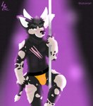 anthro bulge clothing dancing fur hooves horn jockstrap looking_at_viewer male markings muscular neon pole pole_dancing scar simple_background solo spots spotted_body spotted_fur teasing underwear lubanart bovid bovine cattle mammal digital_media_(artwork) hi_res