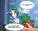 braided_hair bucket_of_chicken building detailed_background dialogue female grabbing_food green_hair hair not_furry red_eyes skyscraper smile solo text sheico nintendo pokemon jordevoir gardevoir generation_3_pokemon pokemon_(species) 2021 hi_res meme spanish_text translated