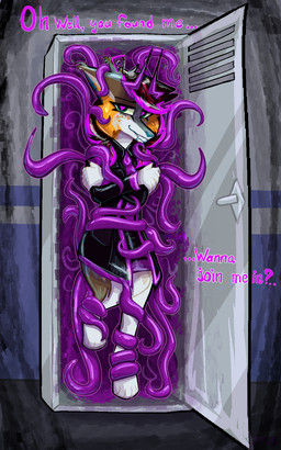 ambiguous_gender anthro clothing coat latex latex_clothing locker purple_eyes solo tentacles text topwear mossky grajess canid canine felid feline hybrid mammal 5:8 aliasing digital_media_(artwork) english_text hi_res
