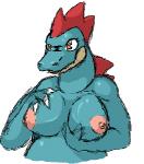 3_toes anthro areola big_breasts blue_body breasts claws feet female nipples non-mammal_breasts non-mammal_nipples orange_eyes pink_nipples simple_background solo spikes toe_claws toes kaivolate raptorkou nintendo pokemon feraligatr generation_2_pokemon pokemon_(species) reptile scalie low_res