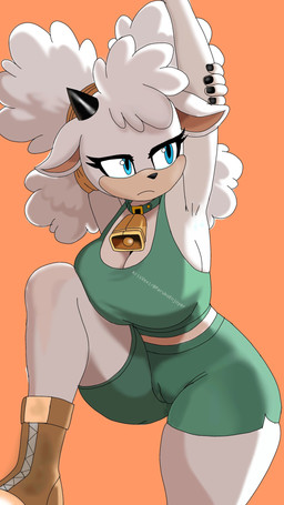 anthro bell bell_collar big_breasts black_horn blue_eyes boots bottomwear breasts camel_toe cleavage clothed clothing collar female footwear fur green_bottomwear green_clothing green_shorts horn orange_background shoes shorts simple_background solo stretching thick_thighs white_body white_fur white_wool wool_(fur) parukoenjoyer idw_publishing sega sonic_the_hedgehog_(comics) sonic_the_hedgehog_(idw) sonic_the_hedgehog_(series) lanolin_the_sheep_(sonic) bovid caprine mammal sheep 2025 9:16 hi_res traced