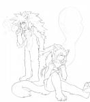 anthro blowing_bubbles bubble duo eyes_closed featureless_crotch male mane mostly_nude nude pawpads plantigrade scarf sitting standing tail tail_grab young whiteleo kay_(whiteleo) leo_(whiteleo) domestic_cat felid feline felis lion mammal pantherine black_and_white hi_res line_art monochrome brother_(lore) brothers_(lore) sibling_(lore)