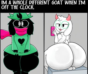 anthro balls big_butt black_body black_eyes butt cellphone clothing electronics eyewear floppy_ears genitals glasses half-closed_eyes hat headgear headwear holding_cellphone holding_object holding_phone horn huge_butt male narrowed_eyes nude phone robe scarf solo text thick_thighs white_body wide_hips wizard_hat furu_flami deltarune undertale_(series) ralsei bovid caprine darkner goat mammal english_text hi_res