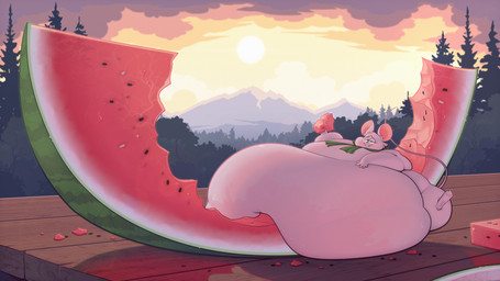 anthro belly big_belly detailed_background eyewear female food fruit glasses huge_belly hyper hyper_belly melon micro obese outside overweight plant solo watermelon ridiculouscake louise_thrushwood mammal mouse murid murine rodent wood_mouse 2021 absurd_res hi_res