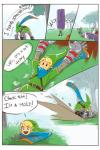 alderion-al armor blonde_hair blue_eyes clothing comic digging digital_media_(artwork) drop english_text falling gauntlets gloves green_clothing green_headwear hair handwear headgear headwear hi_res humanoid humor hylian hyrule_warriors link male nintendo not_furry smile solo text the_legend_of_zelda