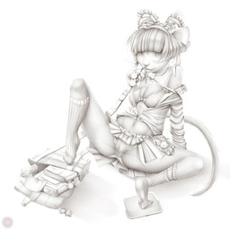 backpack bottomwear bra breasts camel_toe clothed clothing female miniskirt panties school_uniform sitting skimpy skirt small_breasts solo tail underwear uniform deymos domestic_cat felid feline felis mammal 1:1 digital_media_(artwork) greyscale monochrome shaded unfinished