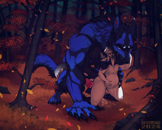 ambiguous_penetration anthro anthro_on_anthro anthro_penetrated anthro_penetrating anthro_penetrating_anthro arm_tuft belly big_belly black_body black_claws black_fur blue_body blue_eyes blue_fur bodily_fluids cheek_tuft claws cum cum_inflation cum_inside cum_on_ground duo elbow_tuft erection facial_tuft female female_penetrated finger_claws forest fur genital_fluids genitals green_eyes green_nipples hand_on_belly inflation knot licking licking_lips licking_own_lips male male/female male_penetrating male_penetrating_female markings muscular muscular_anthro muscular_male neck_tuft nipples nude one_eye_closed open_mouth outside penetration penis plant red_penis sex striped_markings striped_tail stripes tail tail_markings tongue tongue_out tree tuft white_body white_fur rayliicious mythology canid canine mammal mythological_canine mythological_creature species_request werecanid werecanine werecreature werewolf hi_res