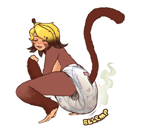 anthro biped blonde_hair breasts brown_body brown_fur clothed clothing crouching diaper diaper_only feces female fur furgonomic_diaper furgonomics hair orange_eyes pooping rear_view soiled_diaper soiling soiling_diaper solo sound_effects stink_fumes topless unclean_diaper used_diaper using_diaper wearing_diaper eggddemon pampers guarana_(heppysugoi) haplorhine mammal monkey primate 2026 digital_drawing_(artwork) digital_media_(artwork) hi_res gynomorph_(lore)