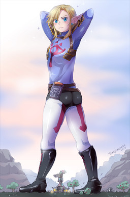 blonde_hair blue_eyes boots butt clothed clothing footwear hair humanoid_pointy_ears macro male not_furry plant pointy_ears sheikah_outfit sheikah_slate sheikah_symbol shoes solo tablet_computer tree torajimaneko nintendo the_legend_of_zelda link humanoid hylian 2017