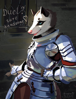 anthro armor besagew bevor biped black_body black_fur black_sclera blue_eyes breastplate clothing couter cuirass dialogue female fur gauntlets gloves hand_on_hip handwear heart_symbol knight multicolored_body multicolored_fur pauldron pink_nose smile solo tassets text vambrace warrior whiskers white_body white_fur bokdan0 american_opossum mammal marsupial 2025 digital_media_(artwork) english_text hi_res