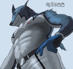 anthro belt black_body black_fur blue_body blue_fur clothed clothing fur hand_on_hip looking_at_viewer looking_down looking_down_at_viewer low-angle_view male muscular muscular_anthro muscular_male nipples red_eyes simple_background solo text topless white_body white_fur unknown_artist power_rangers doggie_kruger canid canine canis domestic_dog mammal english_text