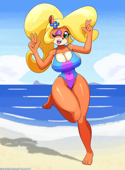 accessory anthro beach big_breasts blonde_hair breasts cleavage clothed clothing female flower flower_in_hair green_eyes hair hair_accessory huge_breasts navel_outline on_one_leg one-piece_swimsuit one_eye_closed orange_body plant ponytail side_boob smile smiling_at_viewer solo standing swimwear thick_thighs wide_hips wink sonicranticoot activision crash_bandicoot_(series) coco_bandicoot hi_res
