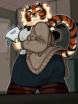 anthro black_ears blurred_background bottomwear brown_eyebrows brown_nose cheek_tuft circle_eyebrows clothed clothed_anthro clothed_female clothing collared_shirt curled_tail door dress_shirt eyebrows eyelashes facial_tuft female fur holding_object holding_paper inner_ear_fluff legwear long_eyelashes looking_offscreen markings one_eye_closed open_mouth open_smile orange_body orange_eyes orange_fur paper shirt small_ears smile solo striped_body striped_fur striped_markings striped_tail stripes sweater tail tail_markings tail_under_clothing teacher teeth tights topwear tuft white_fingers white_hands white_inner_ear white_inner_ear_fluff white_tuft wink highlandkall naomi_(highlandkall) felid mammal pantherine tiger 2024 3:4 colored digital_drawing_(artwork) digital_media_(artwork) hi_res