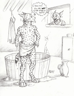 5_fingers amputee anthro barefoot bath digitigrade disability duo feet female fingers fur jug looking_at_another looking_through looking_through_window male markings open_mouth peeping spots spotted_body spotted_fur surprised teeth text tongue towel water wet window 0laffson kari_(0laffson) caracal caracal_(genus) felid feline lynx mammal 2018 english_text graphite_(artwork) hi_res traditional_media_(artwork)