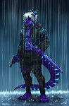 abs anthro athletic blue_eyes blue_markings claws countershading gun hair holding_gun holding_object holding_ranged_weapon holding_weapon katana male markings melee_weapon pecs purple_body raining ranged_weapon sad scales solo sorrow sword tail ventral_scales weapon white_hair zairuz mythology grydir_dacanoor_(griffonki) dragon mythological_creature mythological_scalie scalie hi_res
