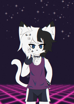 accessory anthro bottomwear bracelet clothing collar cross_choker facial_markings fingerless_gloves gloves hair hair_accessory hairclip handwear head_markings jewelry male markings multicolored_hair purple_clothing purple_shirt purple_tank_top purple_topwear shirt shorts solo spiked_bracelet spiked_collar spikes star synthwave tail tank_top topwear two_tone_hair relsomethingcat rel_(relsomethingcat) domestic_cat felid feline felis mammal absurd_res hi_res